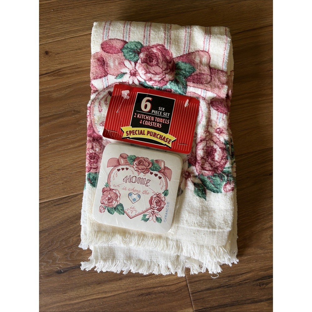 FRANCO Vtg 6pc Kitchen Set 2 towels, 4 coasters Home Heart Cottage Core Hearts